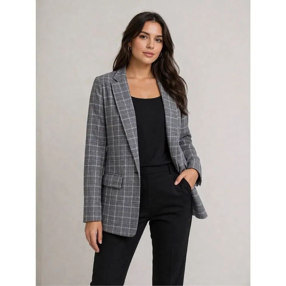 H&M Gray Plaid Blazer Tailored Jacket Classic Check EUR 34 US 2